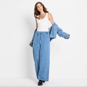 Women's Mid-Rise Wide Leg Denim Drawstring Pull-On Pants Light Blue L NWT